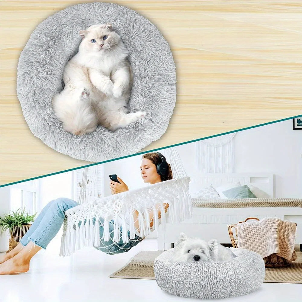 Large-60cm Dark Gray PawfectFriend Dog Pet Cat Calming Bed Plush Beds Large Fluffy Donut Comfy Cushion Puppy Mat