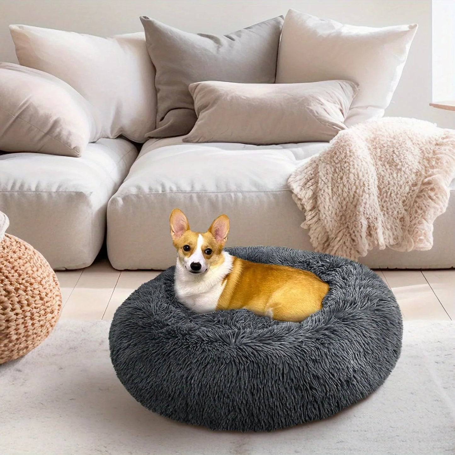 Large-60cm Dark Gray PawfectFriend Dog Pet Cat Calming Bed Plush Beds Large Fluffy Donut Comfy Cushion Puppy Mat